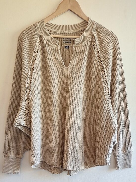 American Eagle Outfitters Tops - American Eagle Feels Seriously Lived In Waffle Knit Top XXSmall Tan Crochet Lace